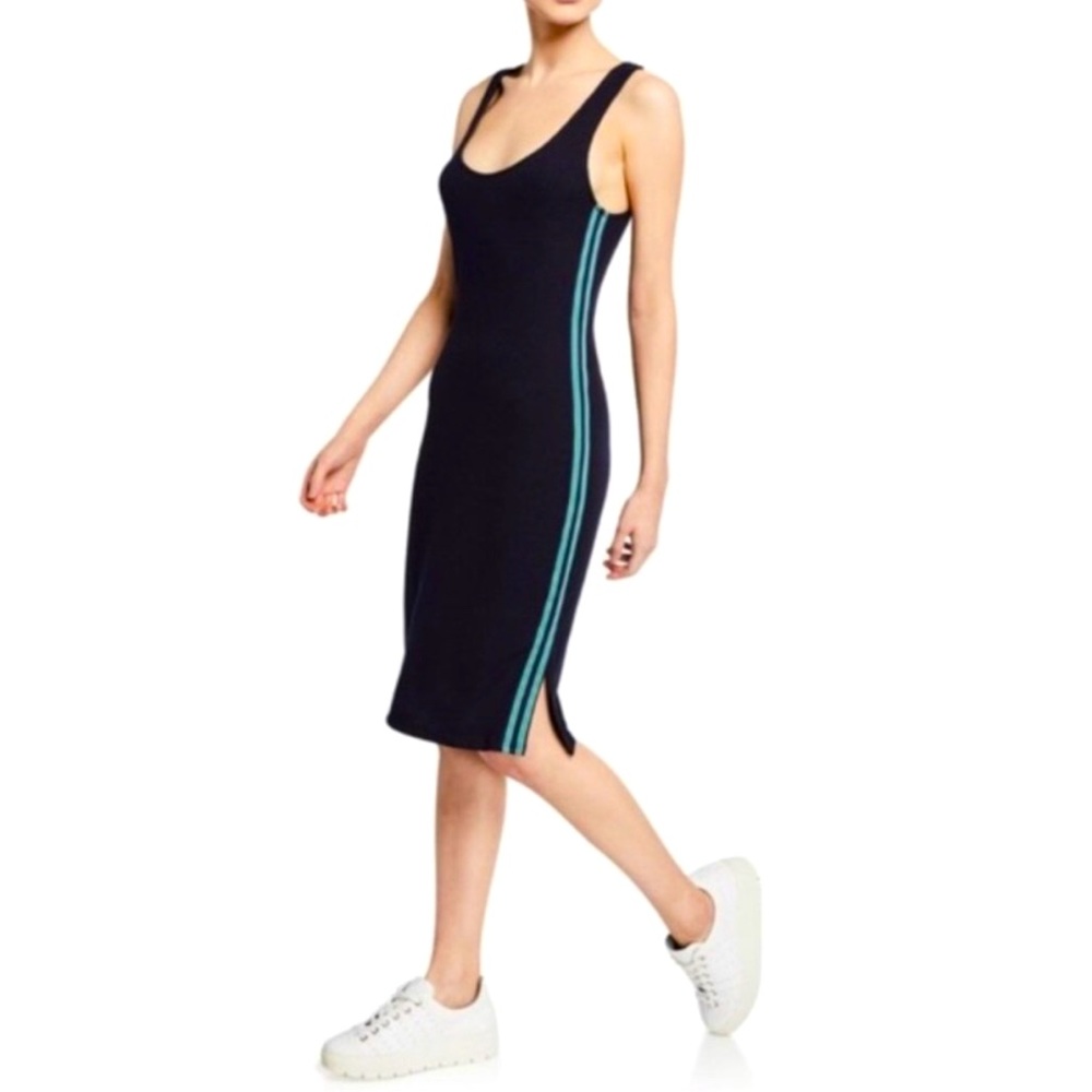 Cupcakes & Cashmere Navy Leola Ribbed Side Stripes Slit MIDI Sporty Dress XS 90’